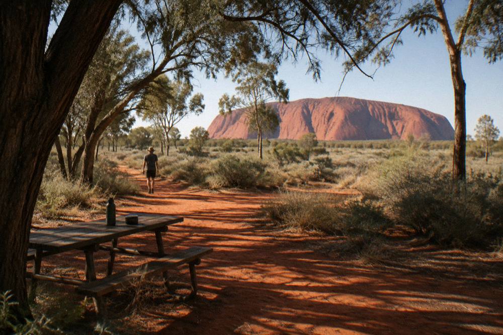 Uluru in warm early morning light with desert oaks and red sandy ground in the foreground